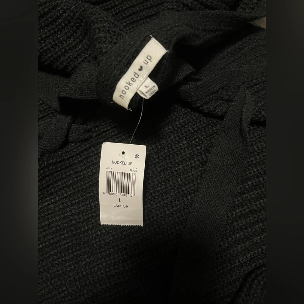 Hooked Up Women’s Black Large Lace Up Chunky Knit Long Sleeves Sweater - Picture 5 of 8